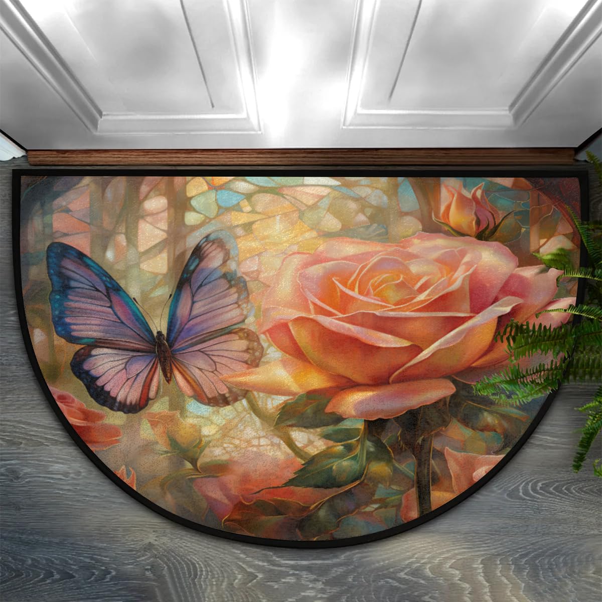 CFERSAN Half Round Door Mat Indoor,Butterfly Rose Non-Slip Entrance Welcome Mats for Bedroom Semi Circle Bathroom Floor Rugs House Entry Way Area