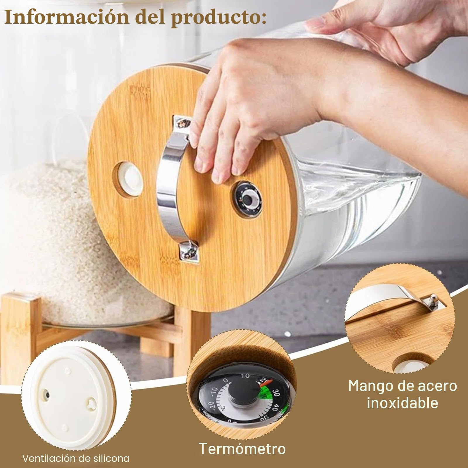 Dispensador de arroz, dispensador de cereales, tarros de cristal con tapa, dispensador de alimentos con vaso medidor de cristal para judías, arroz, cereales, a prueba de humedad y polvo (tamaño: