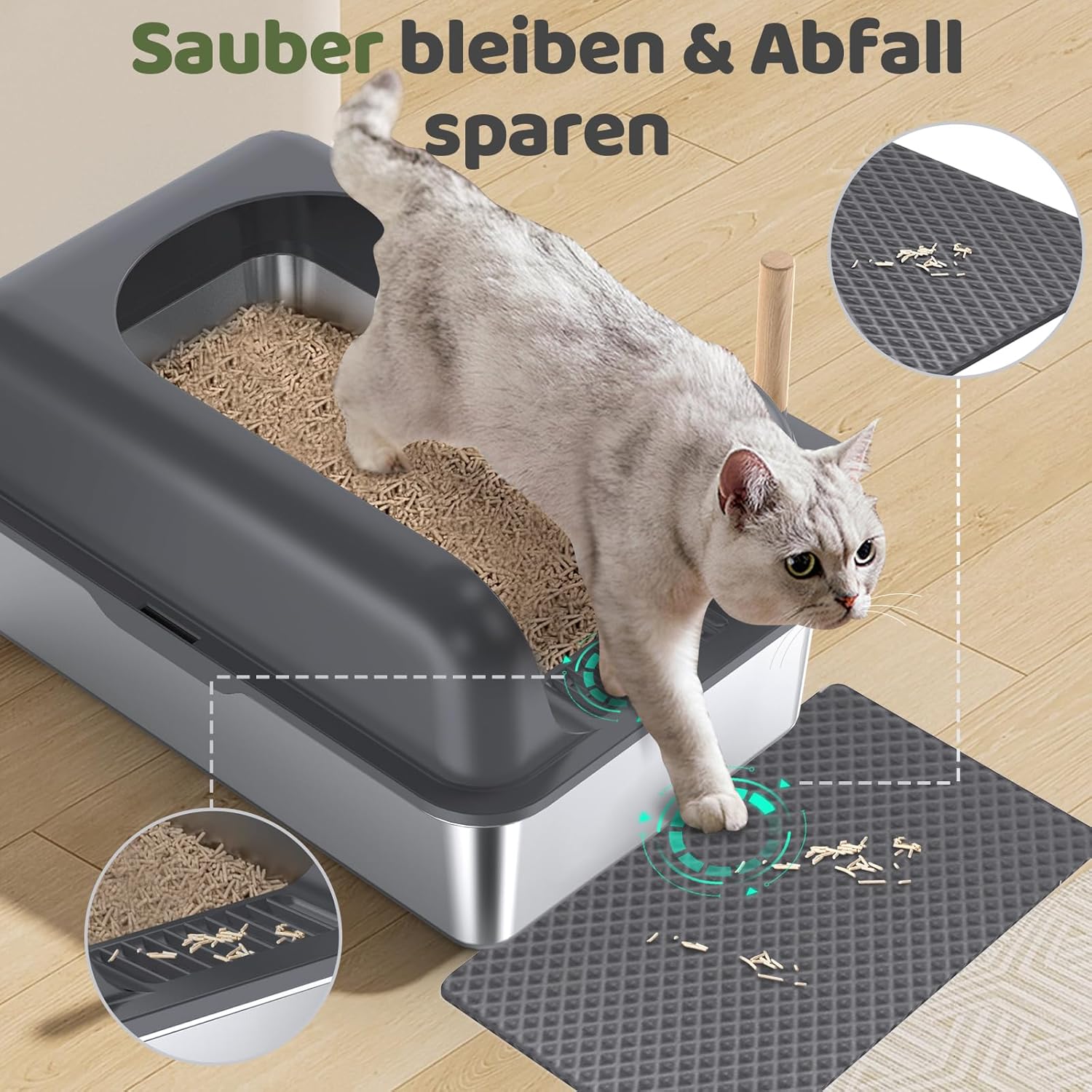 Gimars XL Stainless Steel Cat Litter Box, Large Stainless Steel Cat Litter Tray, 20L Metal Litter Tray with Litter Scoop & Mat, Good for Large Medium Cats 6