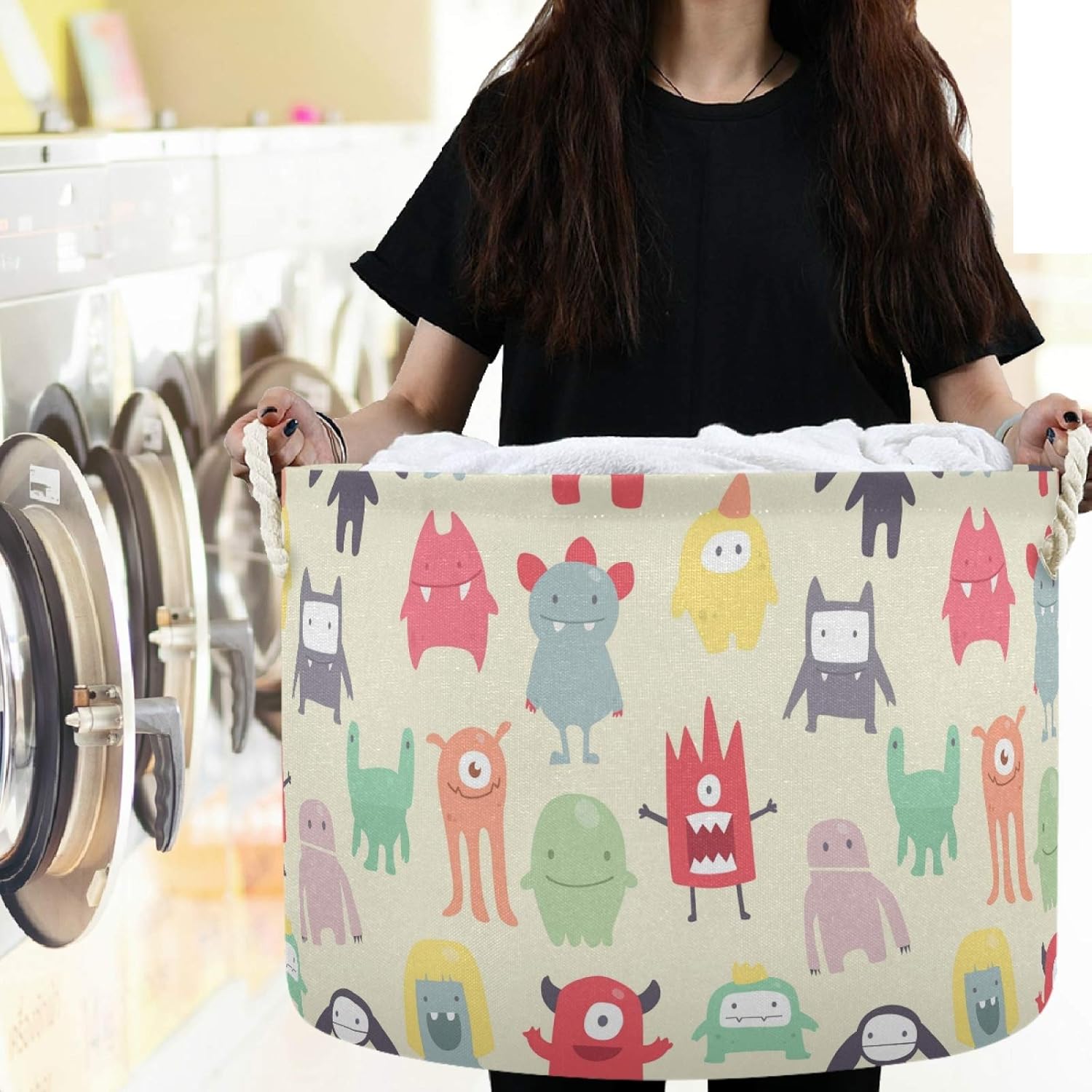 visesunny Collapsible Large Capacity Basket Cute Monster Colored Patterned Clothes Toy Storage Hamper with Durable Cotton Handles Home Organizer Solution for Bathroom, Bedroom, Nursery, Laundry,Closet