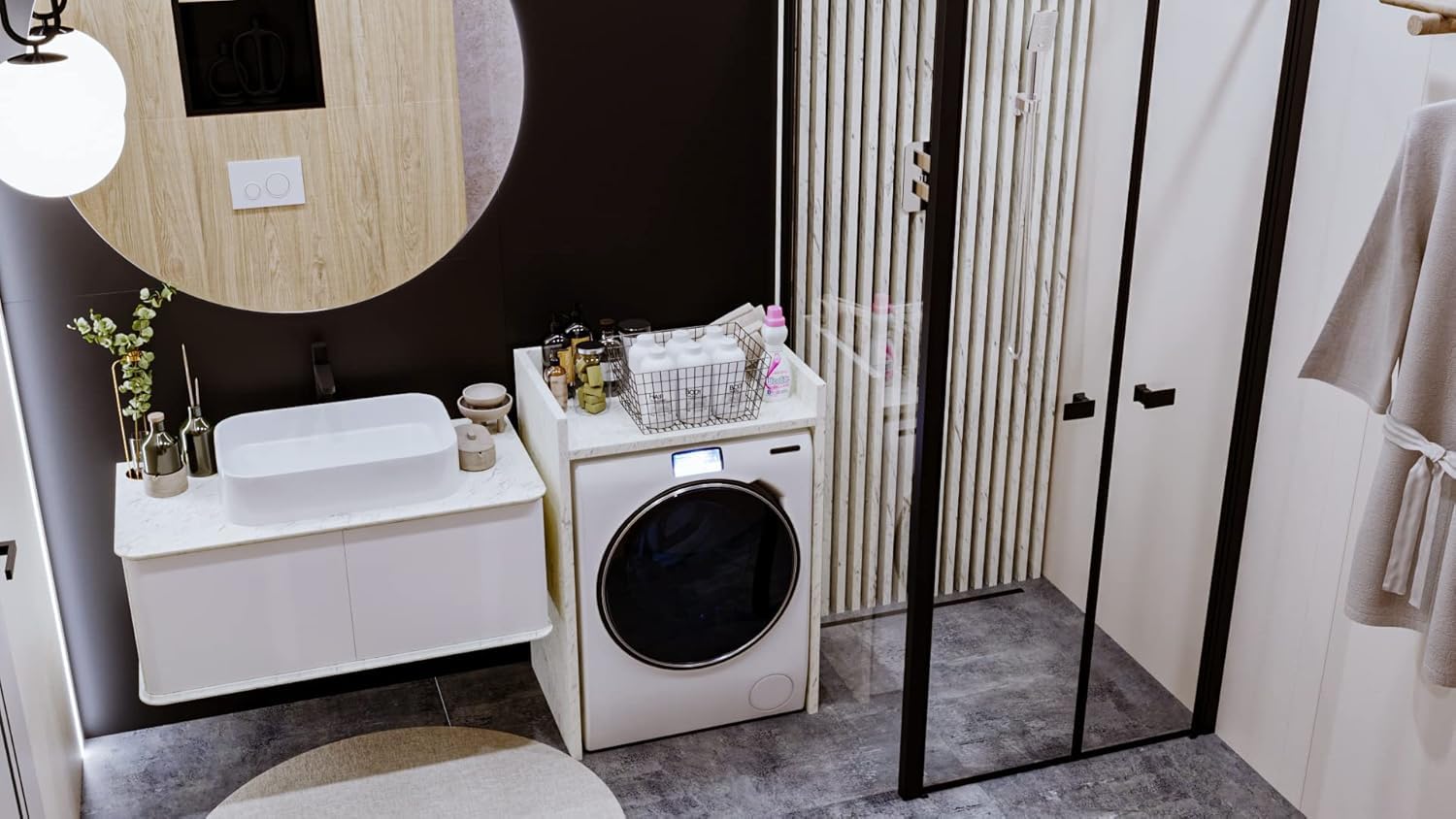 AKKE Meuble de Rangement Machine à Laver Lave Linge Sèche-Linge Armoire Étagère Salle de Bain Buanderie Fabriqué en UE Béton 66x97x62cm
