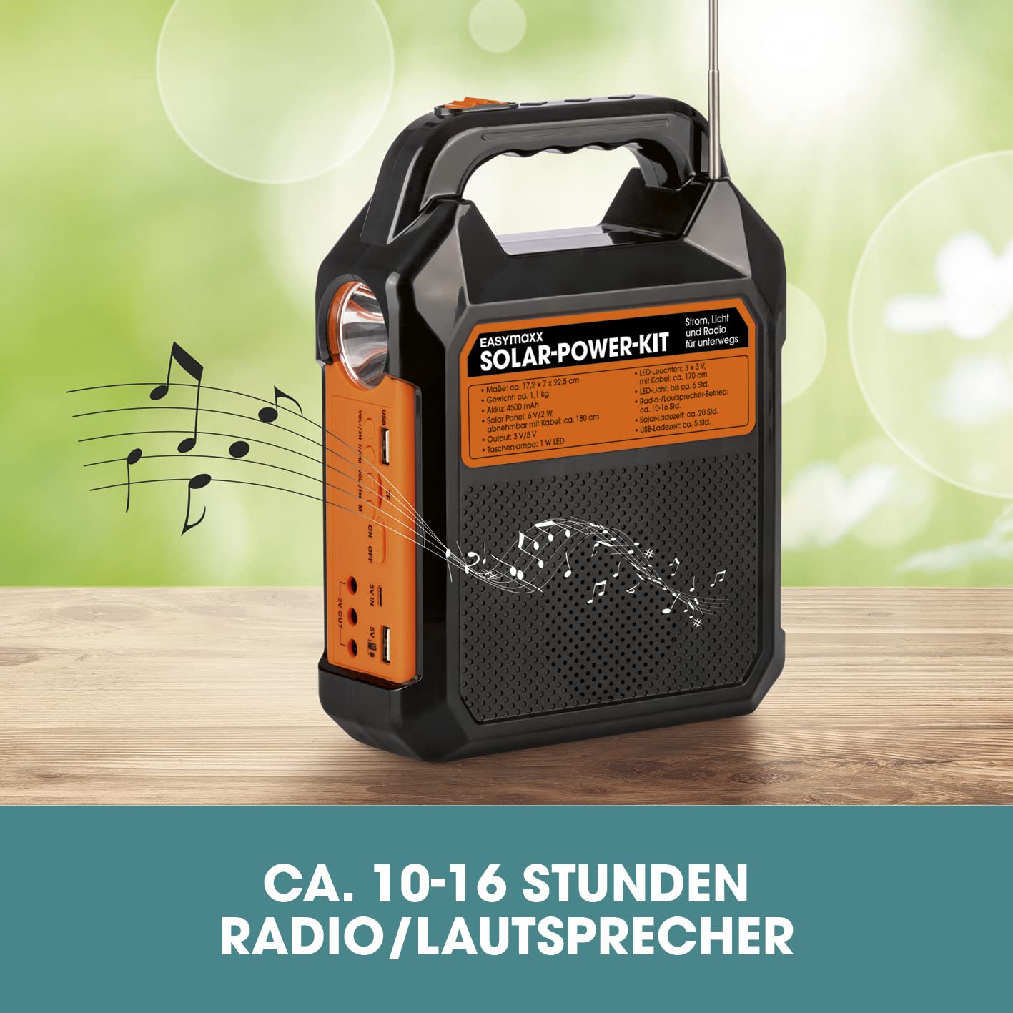 EASYmaxx Solar-Generator Kit 4500mAh | 2 Auflademodi: Solarpanel oder USB | Zum Aufladen von Handy, Powerbank, u.v.m. | Integriertes FM-Radio und Lautsprecher inkl. [Schwarz/Orange]