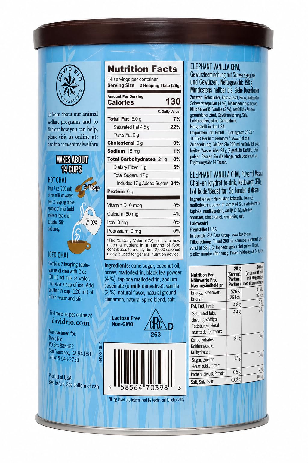David Rio Elephant Vanilla Chai Latte 398g x2 – Té Chai Instantáneo Vainilla | Pack 2 Unidades | Bebida Soluble Premium | Sin Gluten | Chai Latte en Polvo