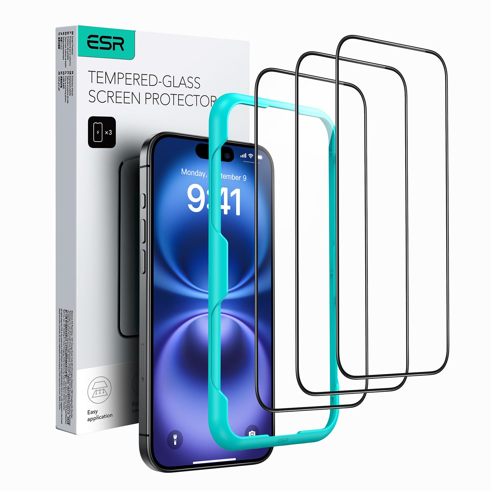 ESR iPhone 16 Plus / iPhone 15 Plus Glass Film 3 Pack Phone 16plus Glass Film iPhone 16plus Protective Film Reinforced Protection Easy Installation Guide Frame 9H Hardness Military Grade Shatterproof