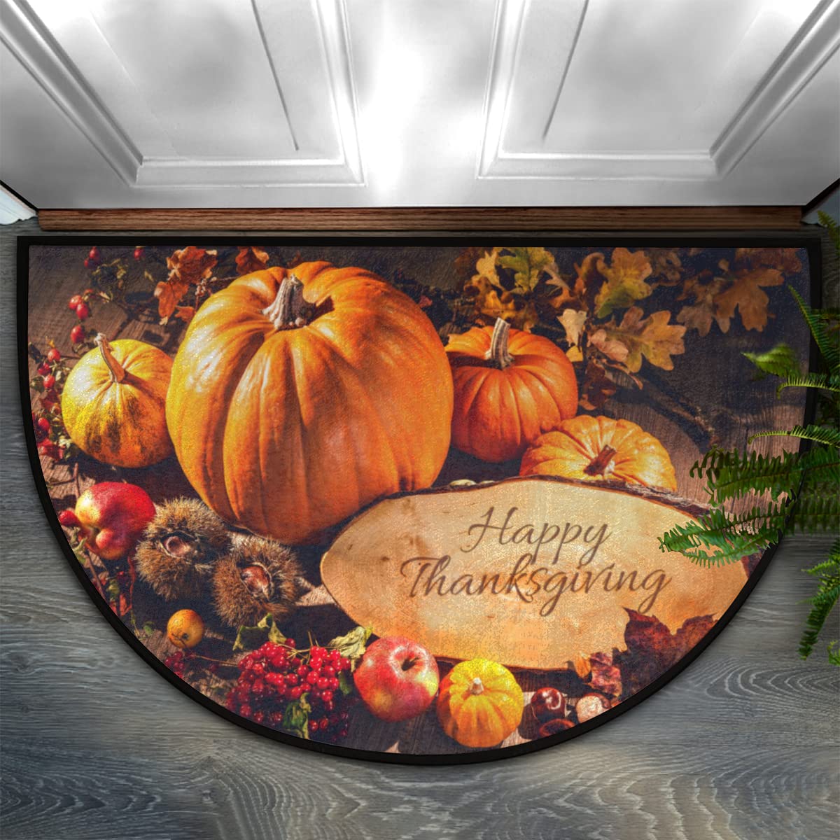 Pardick Thanksgiving Day Food Fall Half Round Doormat Non Slip Indoor Outdoor Entrance Semi Circle Area Rug Durable Washable Half Moon Rug Front Floor
