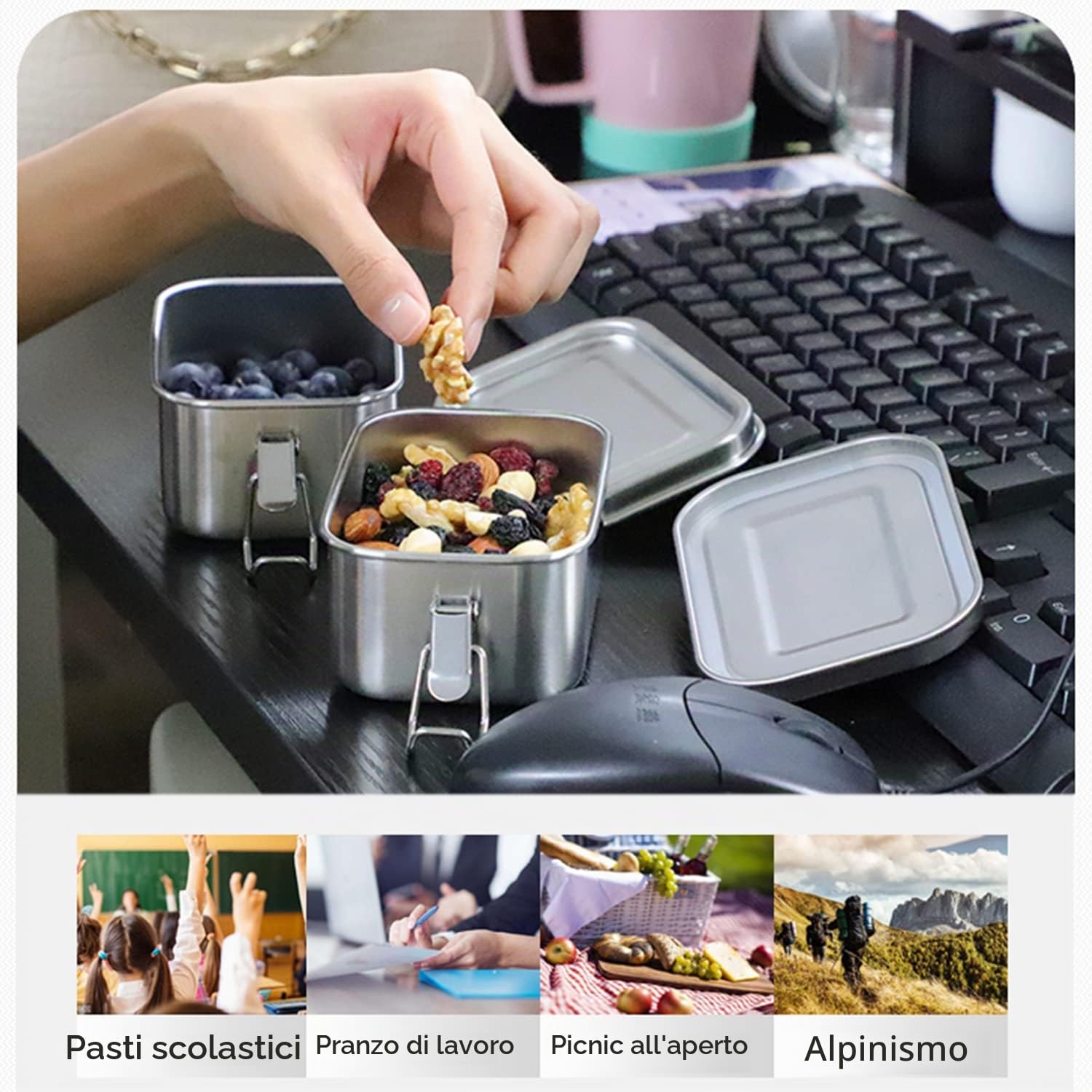 nicelock contenitori ermetici per alimenti in acciaio inox, 3 x 400 ml Piccolo contenitore cibo con coperchi, lunch box ermetico scatole per porzioni, senza BPA e plastica per scuola, lavoro e viaggi