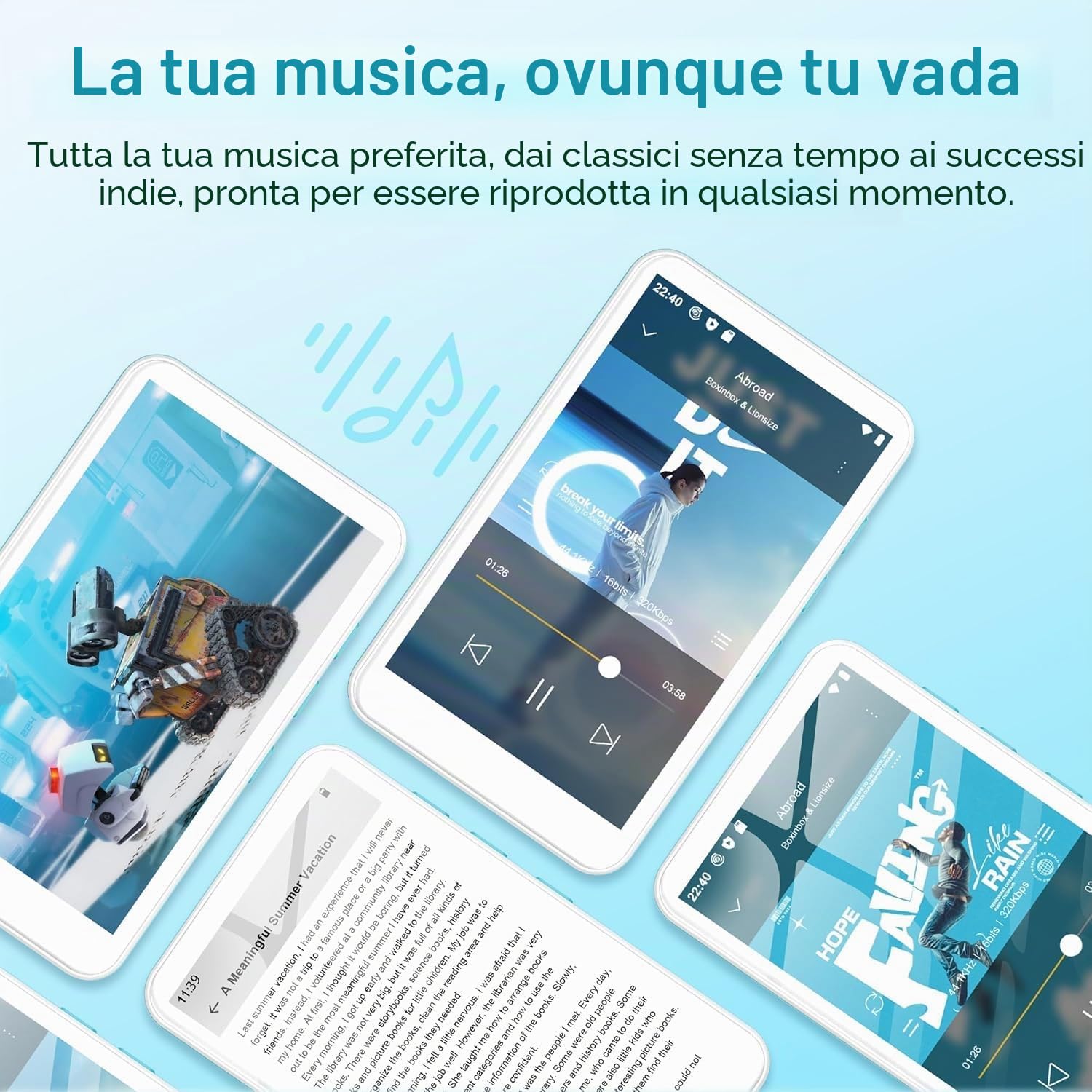 SWOFY 160GB Lettore MP3 con Bluetooth e WiFi, D08 Lettore Android 13, Touchscreen da 4 Pollici, Bluetooth, WiFi, Supporta Spotify, Audible, Play Store e Radio FM, Espansione fino a 1TB