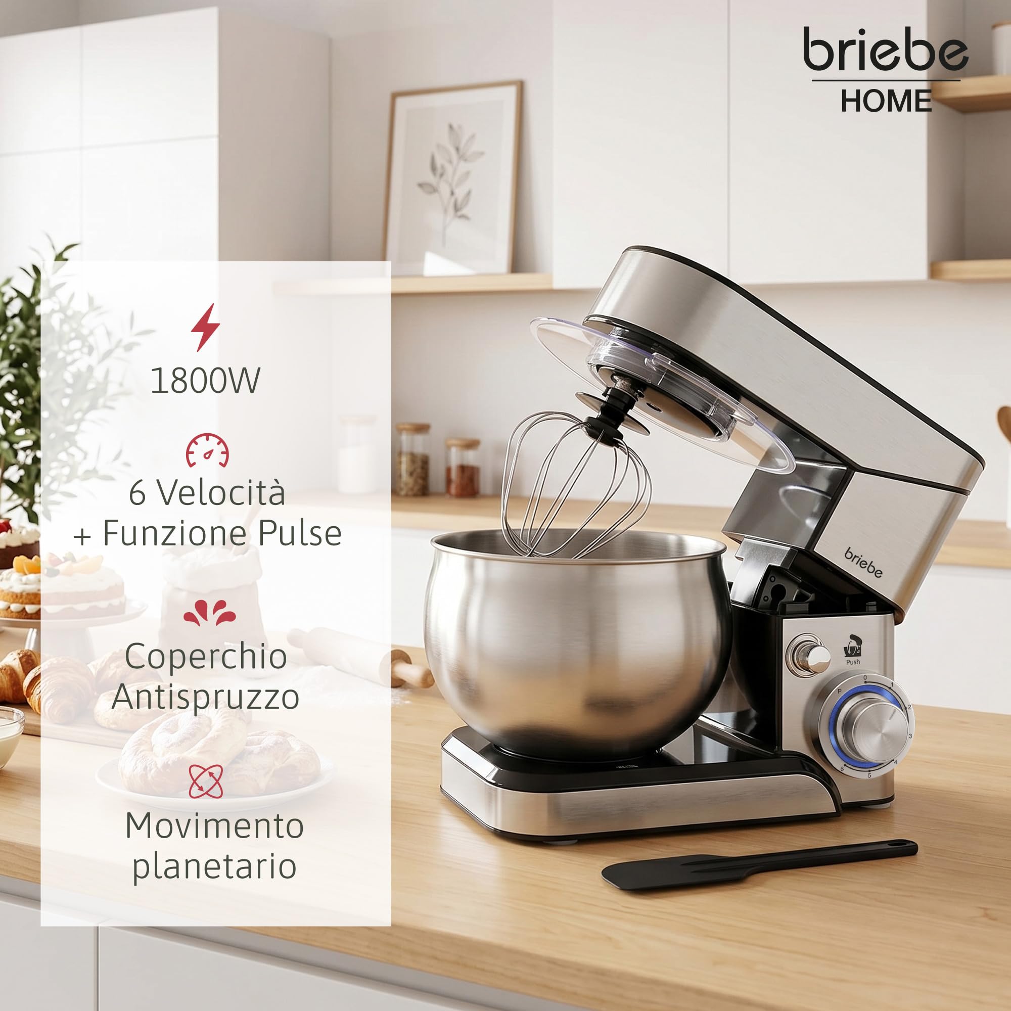 briebe Impastatrice Planetaria Professionale per Pasticceria 1800W MAX, Robot da Cucina Orbitale, Frusta, Gancio Impastatore, Ciotola 5 L, 6 Velocità + Funzione Pulse, Inox KM1114
