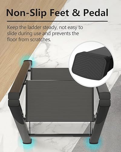 Miniatura 6 de Taburete de 2 peldaños con pedal antideslizante y ancho, escalera de hierro portátil plegable para el hogar y la cocina, 300 libras, color negro