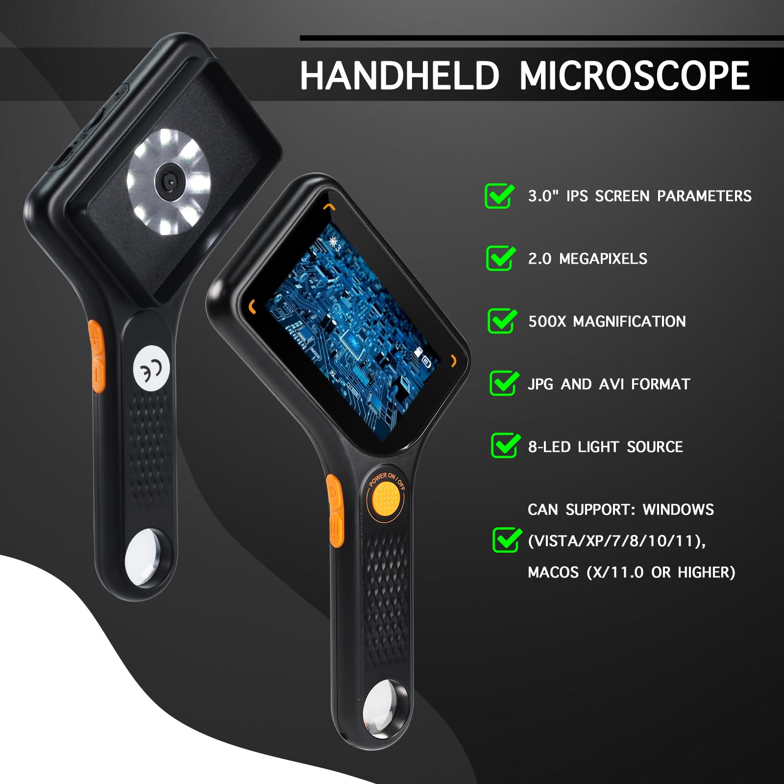 Digitales Mikroskop mit 7,6 cm (3 Zoll) IPS-Bildschirm, Autofokus, 8 LED-Leuchten, TF-Kartenschlitz, tragbare Handlupe für Münzen, Leiterplatten, Schmuckinspektion, Bildungsprojekte, kompatibel mit
