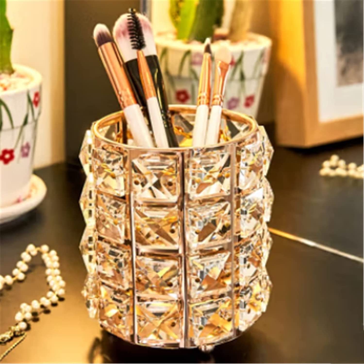 Organizador de maquillaje Cajones de almacenamiento Portaescobillas, Cubo de almacenamiento de brochas de maquillaje Caja de almacenamiento de brochas de maquillaje de cristal Cubo de brochas Dorado S