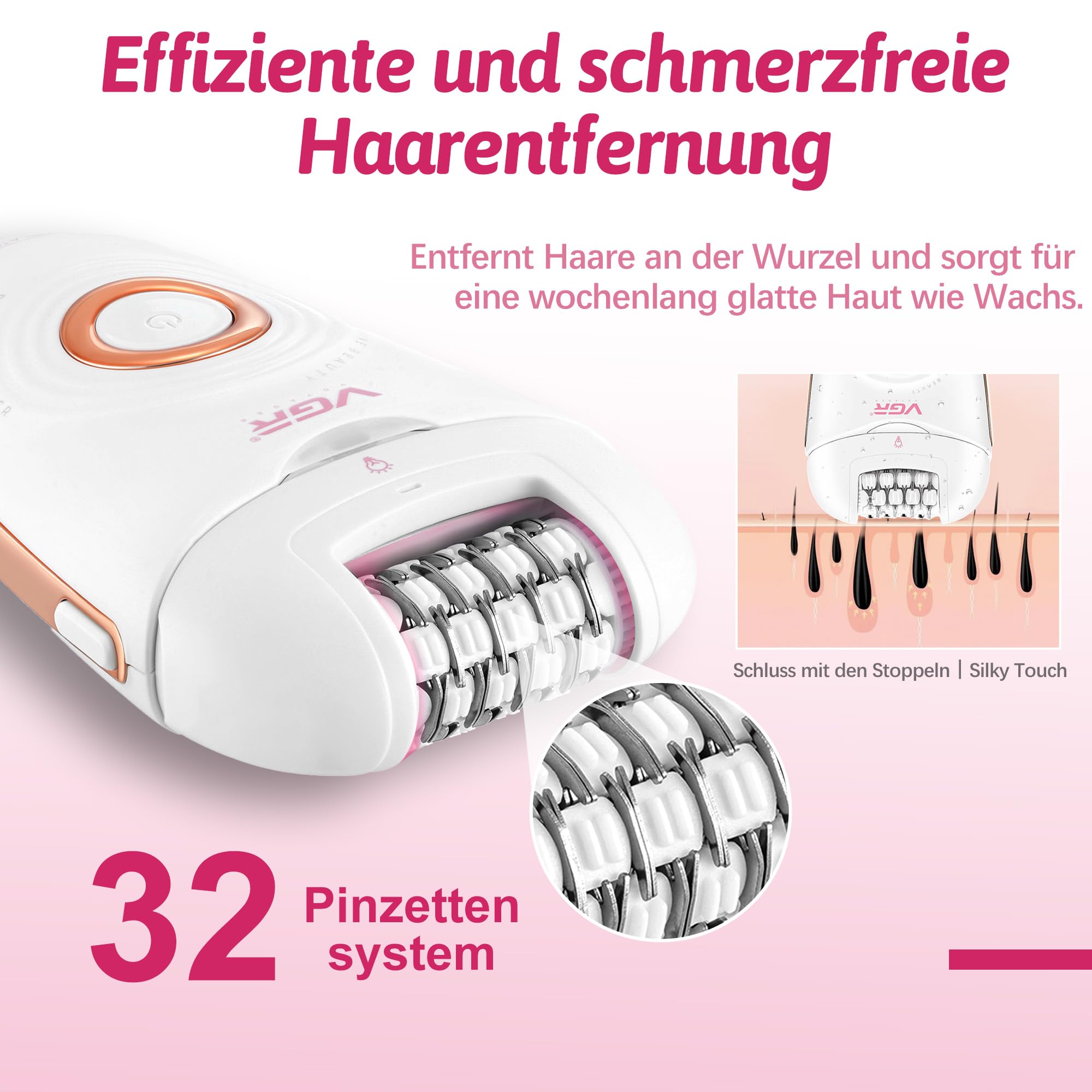 VGR 739 Kabelloser 3-in-1 Epilierer Damen Mit IPX4-Wasserbeständigkeit