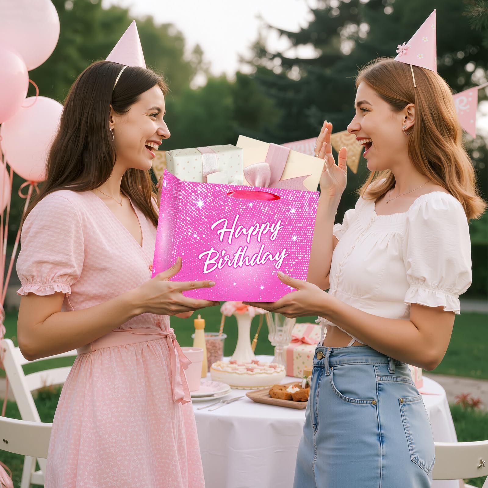 Shiny Pink Birthday Gift Bag for Lady Girls Large Hot Pink Happy Birthday Gift Bag with Tissue Paper and Card Disco Shining Stars Goodie Wrapping Bag for Women Bday Anniversary Party Supplies