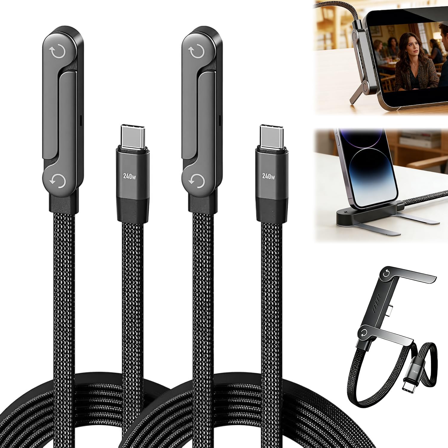2PCS 2-in-1 Invisible Stand Charging Cable, 240W Braided Fast Charging Cable with Built-in Phone Stand, T-Shaped Foldable Phone Charger Cables Stands, 90 Degree Right Angle USB C Cable, 4.9FT