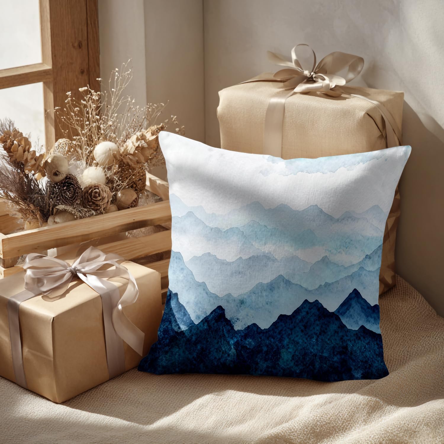 Batmerry Navy Blue Watercolor Mountains Throw Pillow Covers, Sky Decorative Pillow Covers Digital Printing Blended Fabric for Couch Sofa Bed Invisible Zipper 22X22 in(Set of 2)