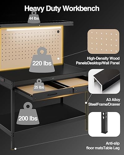 Miniatura 7 de Banco de trabajo, bancos de trabajo para garaje, mesa de trabajo, banco de trabajo de acero A3 con capacidad de 600 libras para garaje,