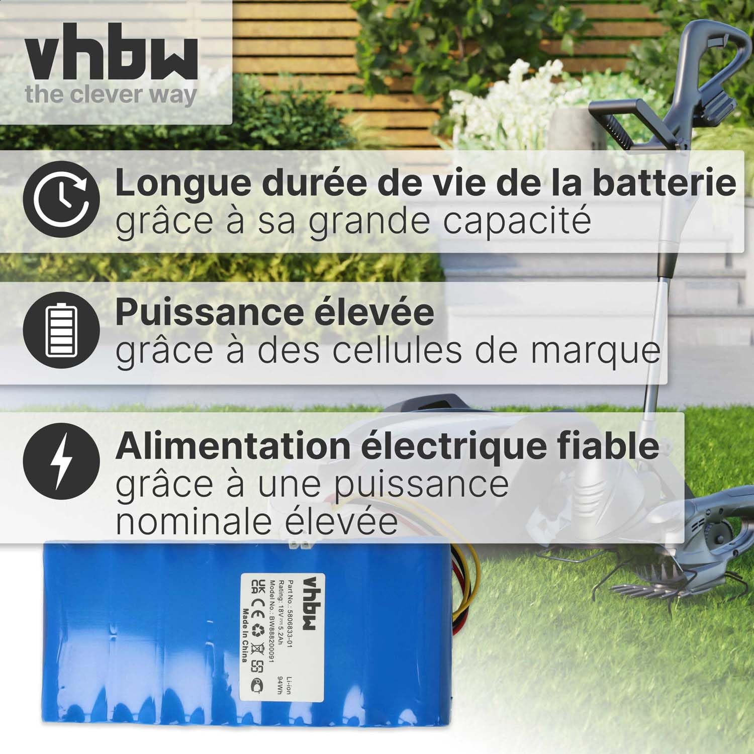 vhbw Bloc de Batteries Compatible avec Husqvarna Automower 550 (Jusque 2019/2020), 520 (Jusque 2019/2020) Robot Tondeuse (5200mAh, 18V, Li-ION)