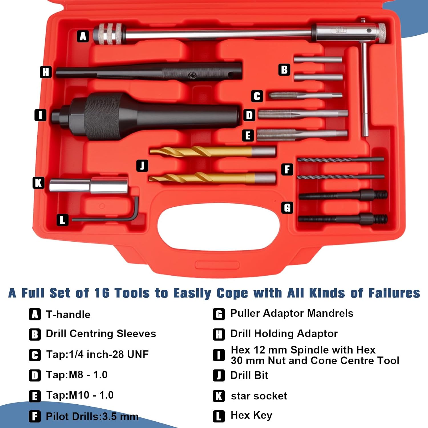 16PCS Glow Plug Removal Tool Kit, Professional Broken and Damaged Glow Plug Remover, Extractor Set with Complete Accessories for Cylinder Heads 0.3” 0.4”