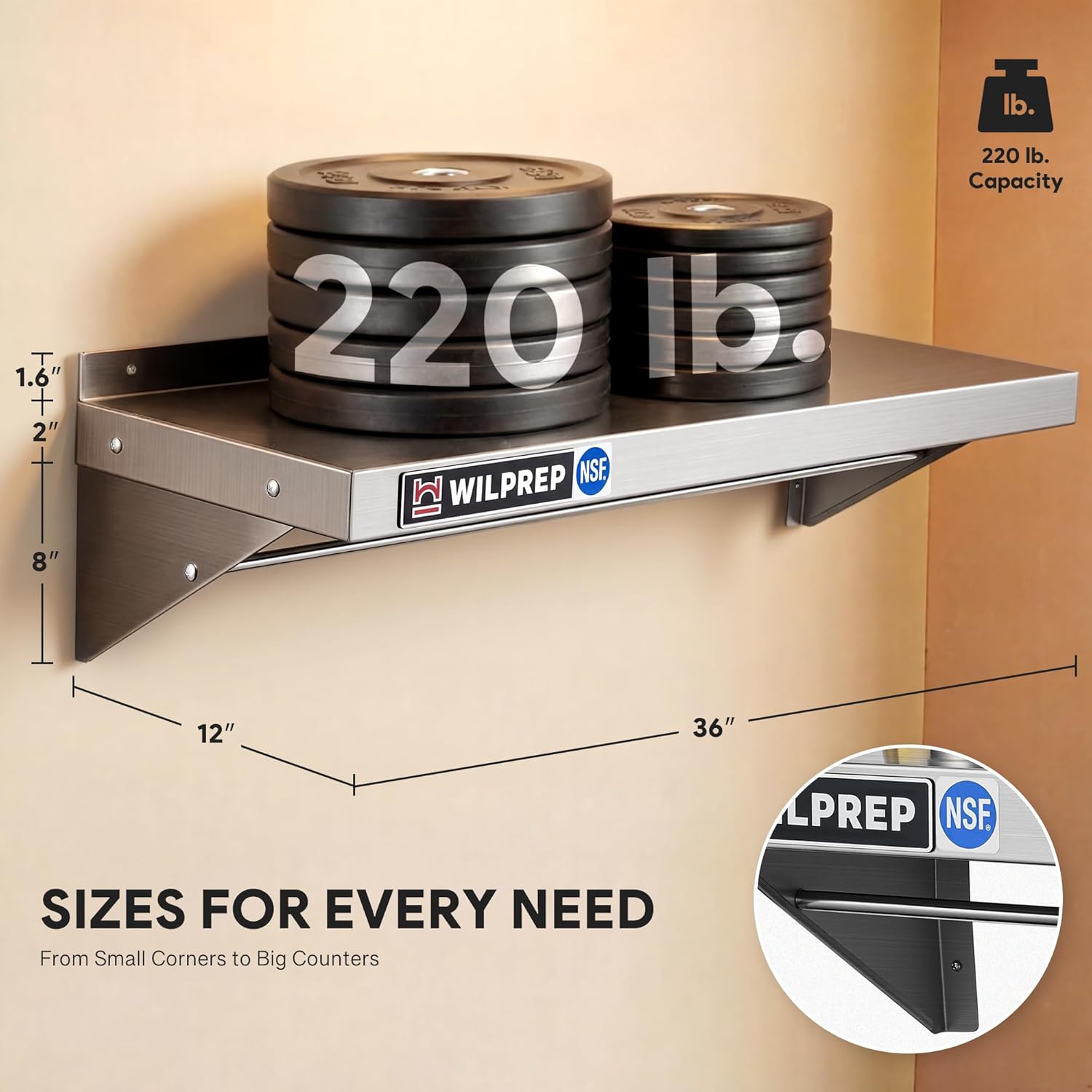Wilprep NSF Stainless Steel Shelf, 12"x 36" Wall-Mounted Commercial Shelf for Kitchen Wall, 220lb Metal Storage Shelf with Support Brackets & 10 Hooks for Restaurant Kitchen Laundry Room Garage
