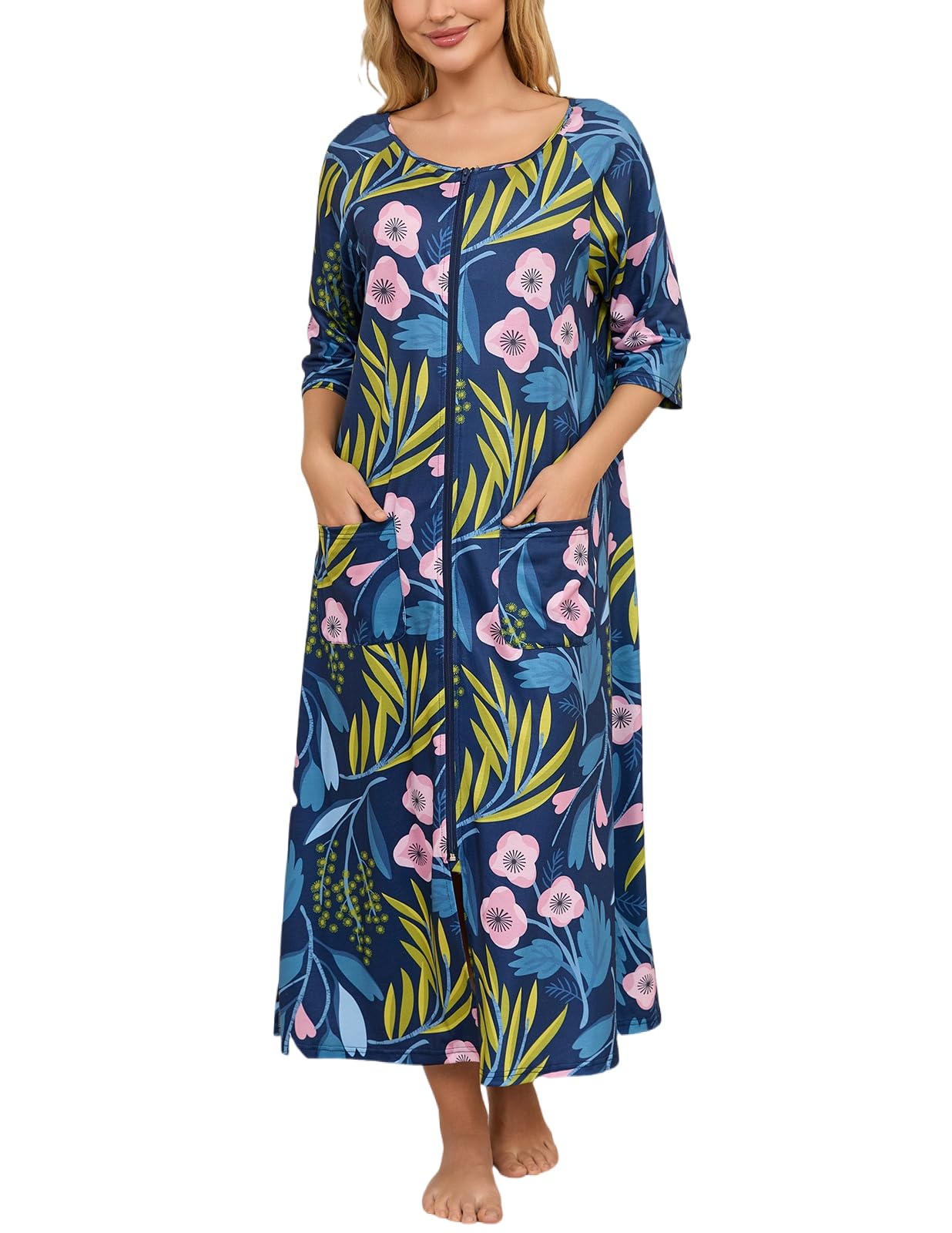 Rubehoow Manteau de maison pour femme avec fermeture éclair sur le devant, peignoir à manches mi-longues en coton doux avec poches