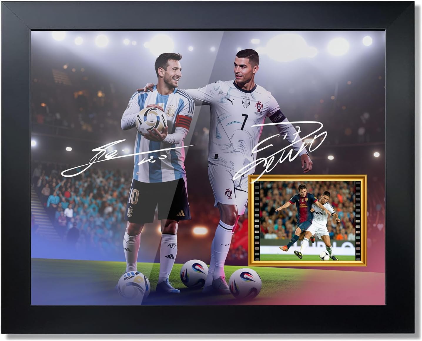 Xekamlzi Football Star Autograph Themed Photo Frame, Double-Star Classic Game Commemorative Item, Football Star Poster Decoration, Containing A 10x8-Inch Player Photo. It Is An Excellent Gift For Football Fans' Children, Suitable For Decoration, Wall Hanging, And Commemorative Display.