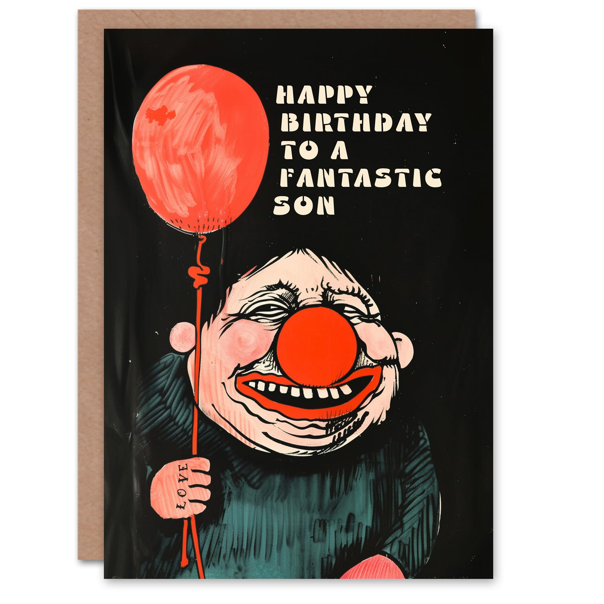 Artery8 Happy Birthday Card to a Fantastic Son Creepy Clown Balloon Dark Fun Weird Odd