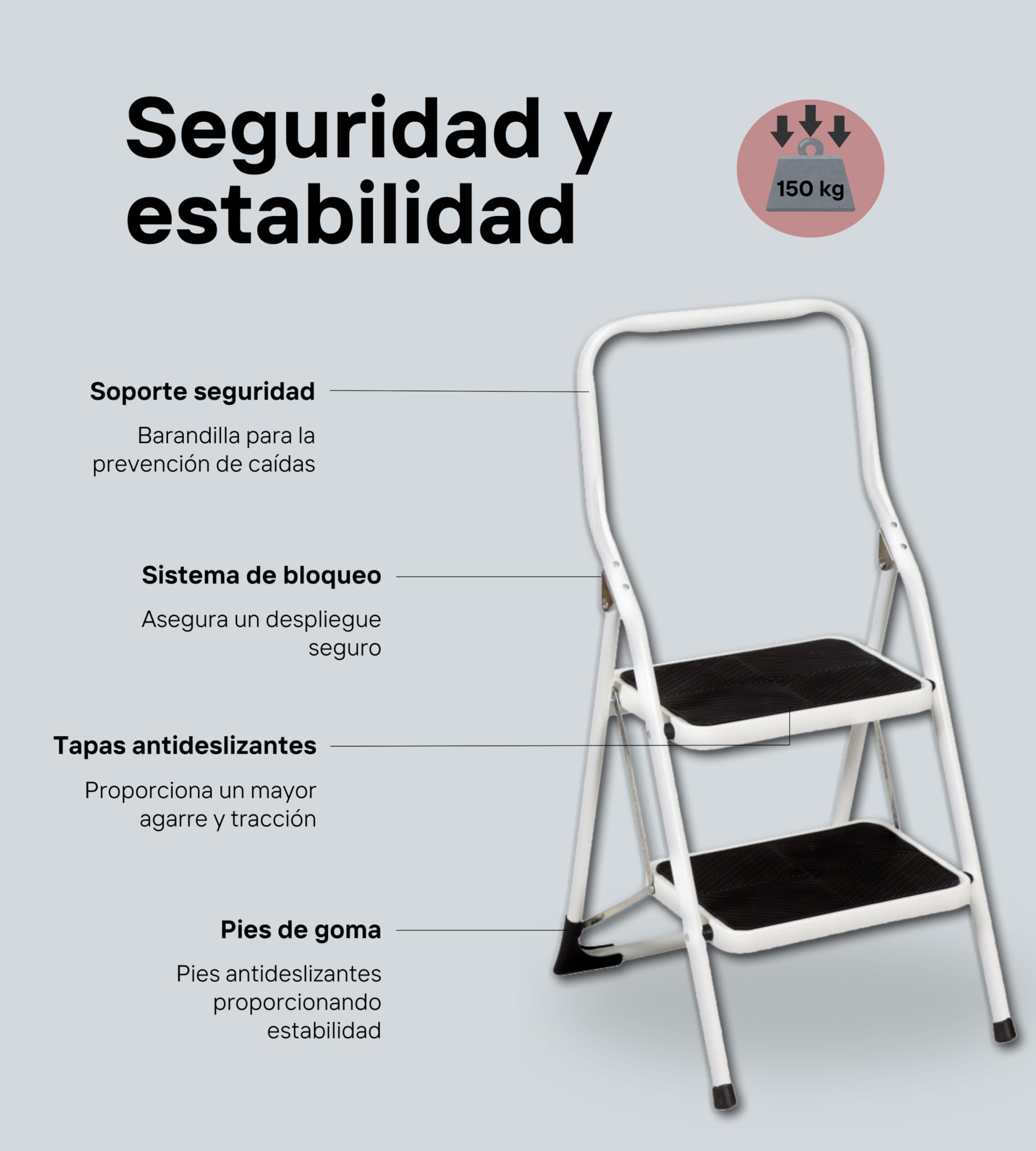Escalera Plegable de Acero 2 Peldaños Extra Anchos - Fabricado en Europa - 2 Brochas de Regalo | Seguridad Mejorada, Antideslizante, Robusta, Fácil Almacenamiento