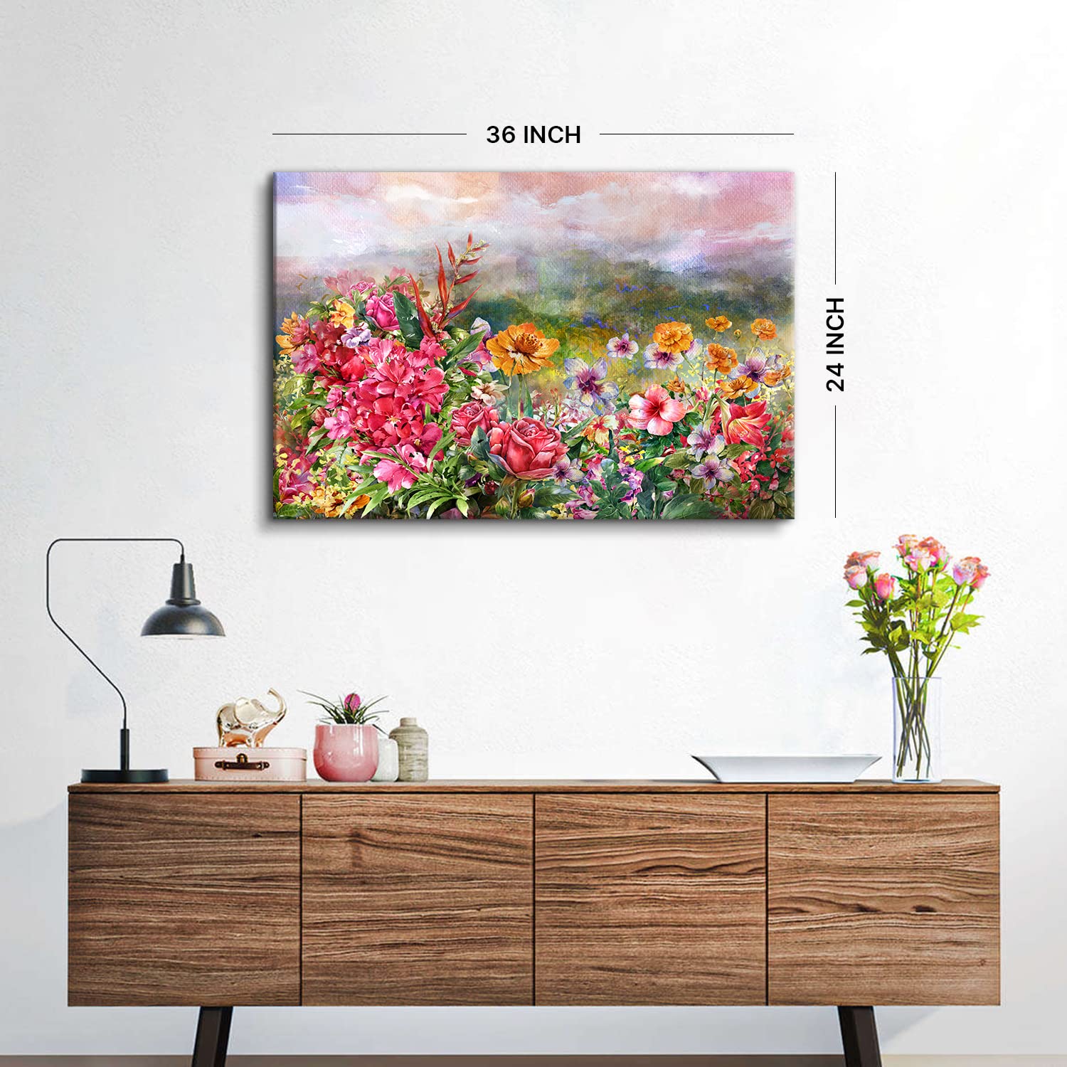 Rose Flower Canvas Wall Art, Colorful Pink Floral Landscape Prints Picture Decor 24x36", Rustic Watercolor Blossom Botanical Painting Modern Artwork for Living Room Bedroom Bathroom Home Decoration