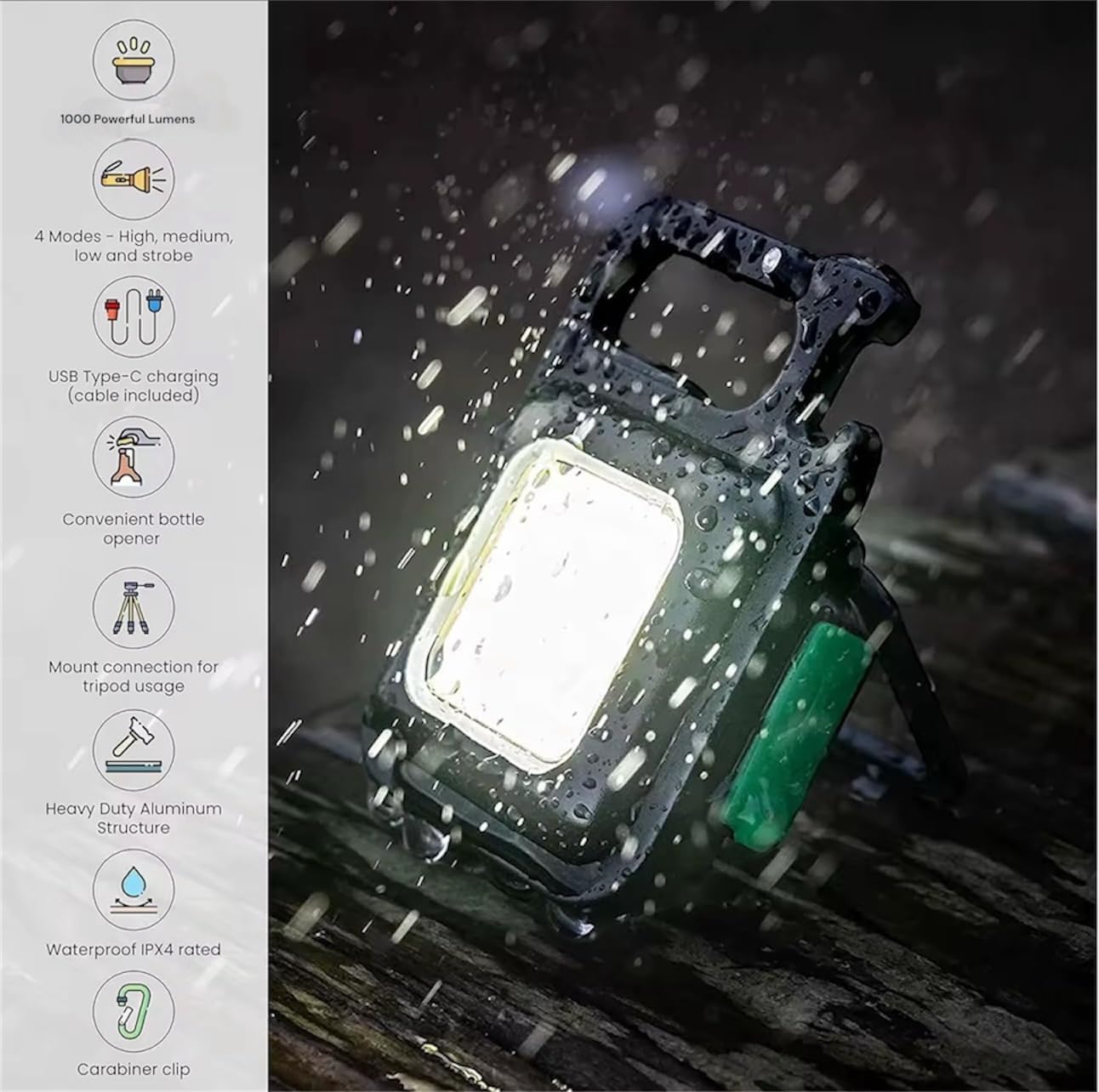 Multipurpose Light, Ultra Bright 1000 Lumens, Multi-Function with Carabiner Clip for Keychain, Bottle Opener, Rechargeable COB LED, USB-C Charging, Strong Magnetic Base, Folding Bracket, Tripod Mount