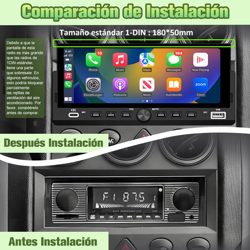 AWESAFE Radio de Coche 1 DIN Universal con Carplay y Android Auto Inalámbrico,Autoradio 1 DIN con Pantalla Táctil de 6.86 Pulgadas y Cámara Trasera, Admite Bluetooth/Mandos Volante/FM/USB