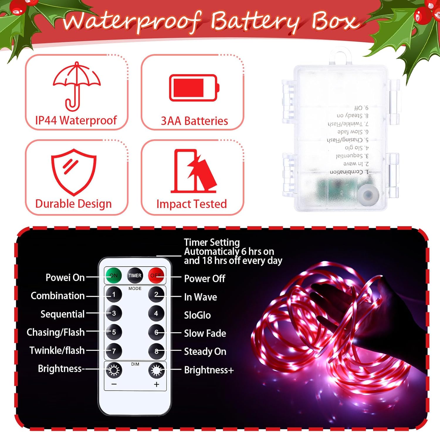 Glooglitter 2 Set Christmas Candy Cane Rope Light, 33ft 200 LED Decor Lights 8 Modes Multicolor Lights for Garden Patio Xmas Tree, Indoor Outdoor Christmas New Year Winter Decorations(White)