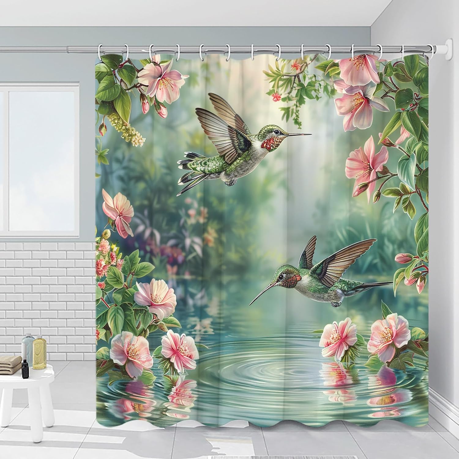 Floral Green Leaf Lovely Hummingbird Shower Curtain Animal Bird Pretty Flower Water Scenery Plant Spring Summer Watercolor Bathroom Decoration Polyester Waterproof with Hooks 108 x 70 in