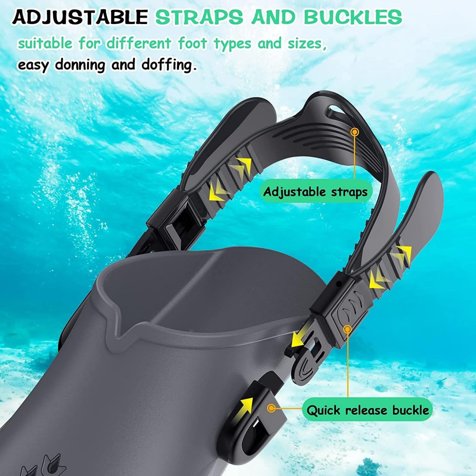 1 par de aletas de buceo, aletas de natación, tamaño de viaje corto ajustable para snorkeling, buceo, adultos, talón abierto, aletas de buceo