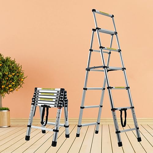 Miniatura 38 de Escalera telescópica de aluminio de 12.5 pies, escalera extensible con 2 ganchos desmontables, diseño de bloqueo de seguridad portátil y ligero