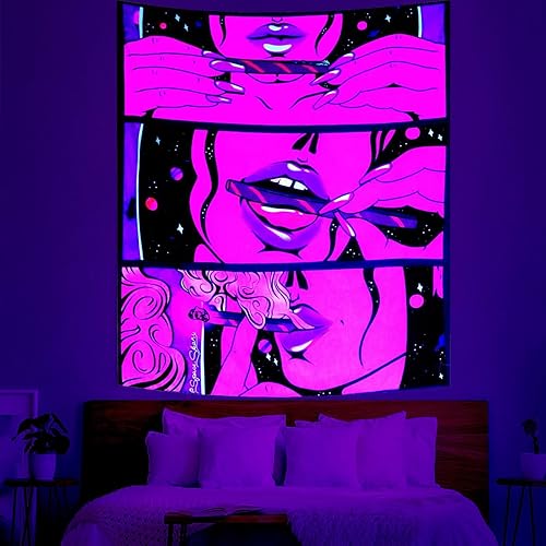 Miniatura 6 de Blacklight Cool Girl - Tapiz para colgar en la pared, arte hippie, decoración de pared de anime morado para dormitorio, póster estético con rayos