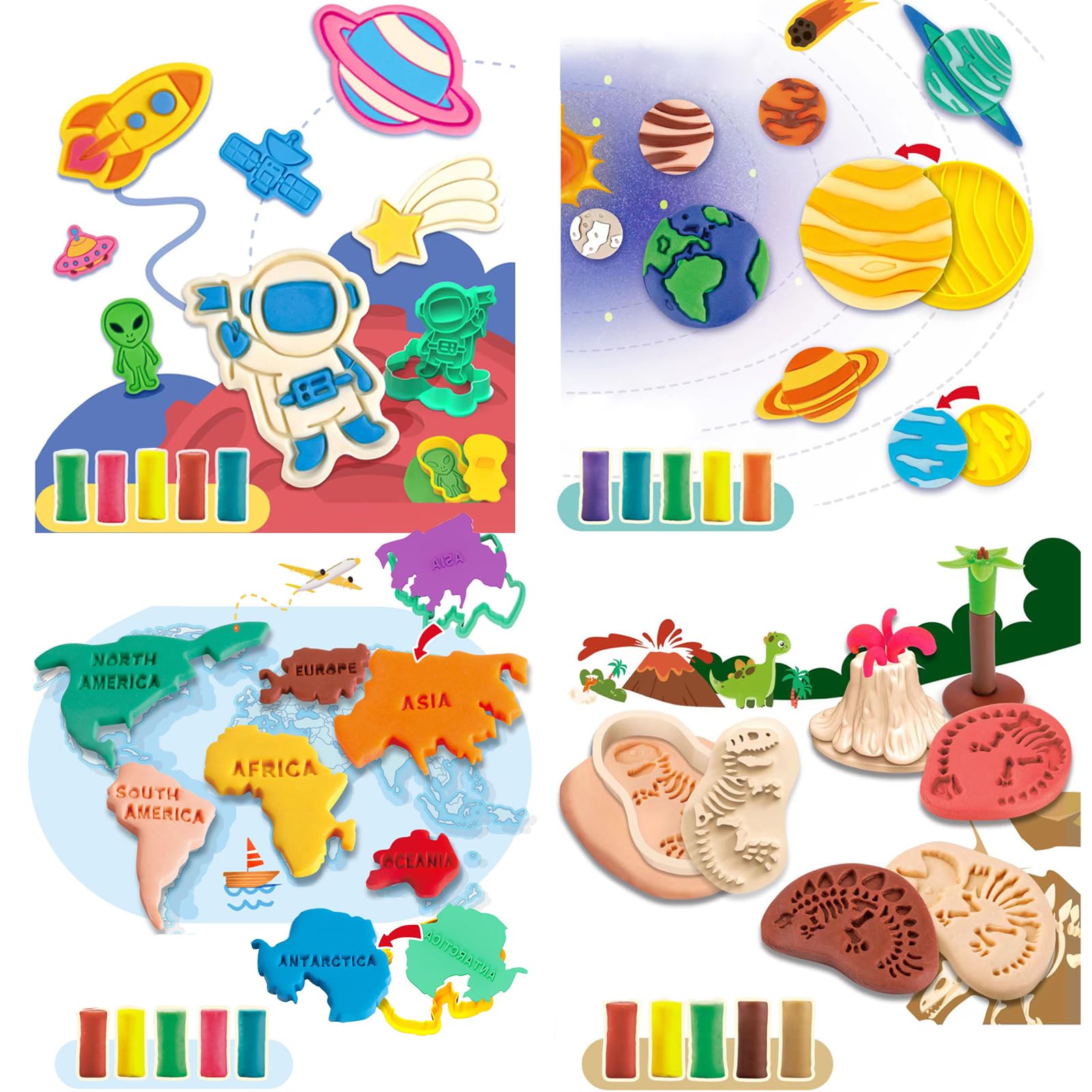 GOVOY Play Color Dough 53pcs 4 in 1 Planet Maker Exploring The Universe Map of The World Dnisaur Fossils Modeling Clay Playset with 20 of Color Dough
