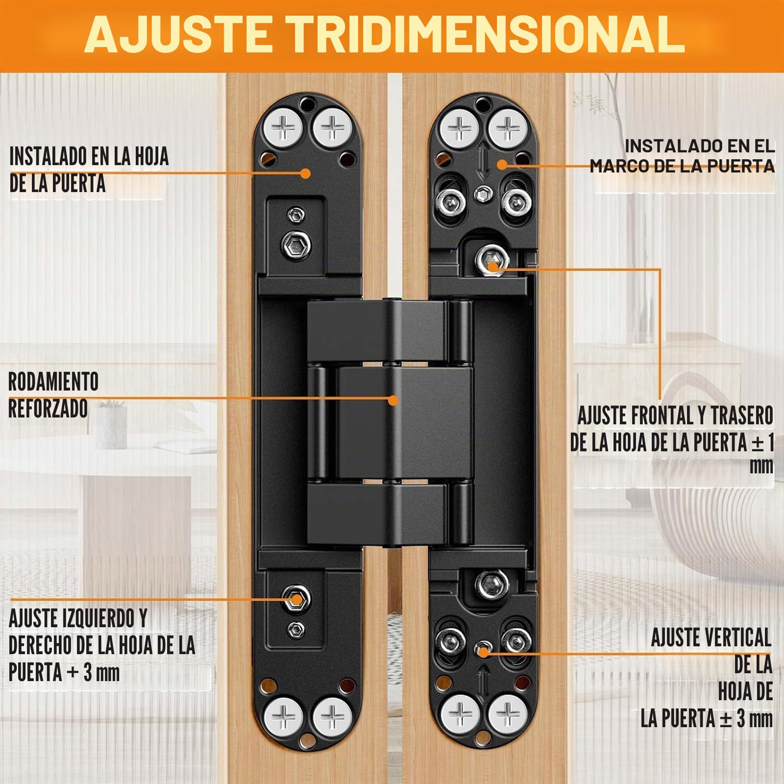 Bisagra de puerta oculta de 15.2 cm, silenciosa, bisagra oscilante de 180 grados, tope ajustable de 3 vías, 6 x 2.5 x 1 (2, negro)