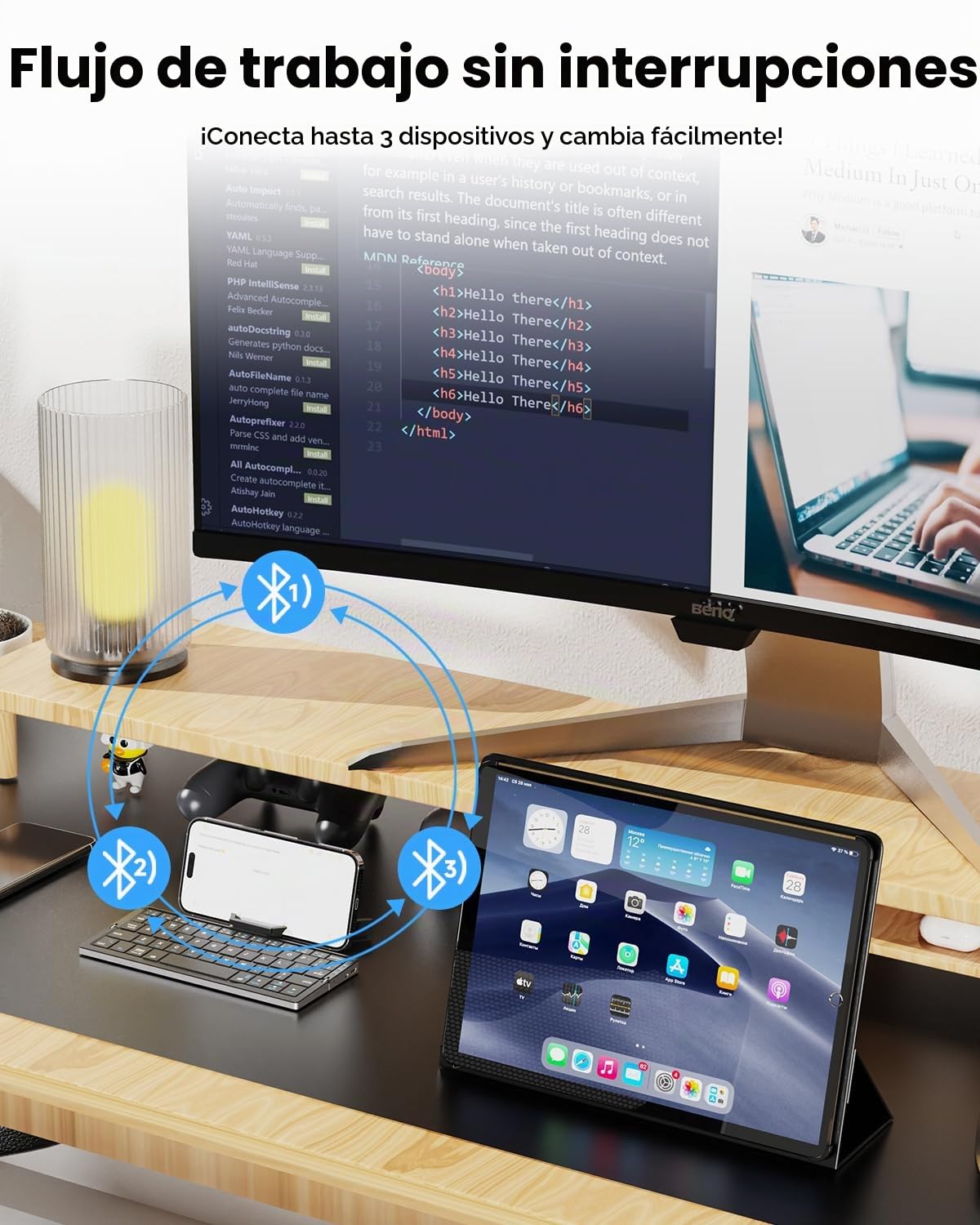 Inalambrico Plegable con Soporte, Teclado Bluetooth QWERTY Portatil para Viajes, Teclado para iPad/Ordenador portátil/Tableta/Smart TV, Compatible con Windows, iOS, Mac OS, Android (Negro)