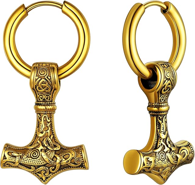 FaithHeart Viking Earrings for Men Women Vintage Norse Axe/Thors Hammer Earring Dangly Stainless Steel Huggie Hoops Ear Drop Stainless Steel/Gold/Black Plated