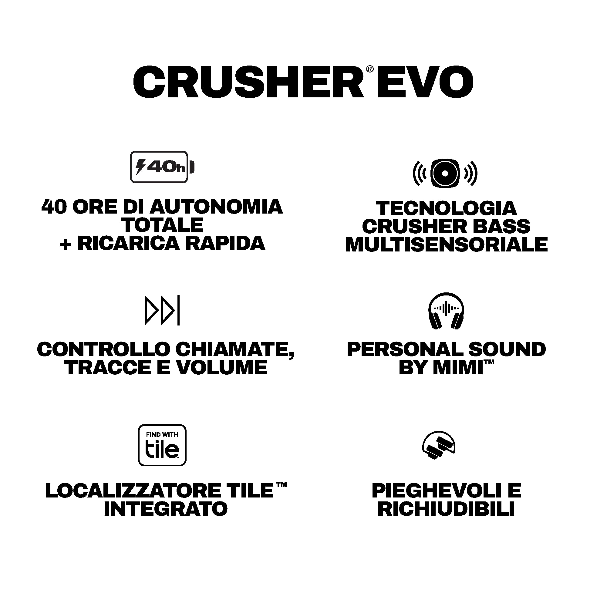 Skullcandy Crusher Evo Wireless Bluetooth Headphones with Multi-Sensory Bass and Charging Cable, Noise Isolating Over-Ear Fit, Up to 40 Hours Battery, Microphone for iPhone Android - True Black
