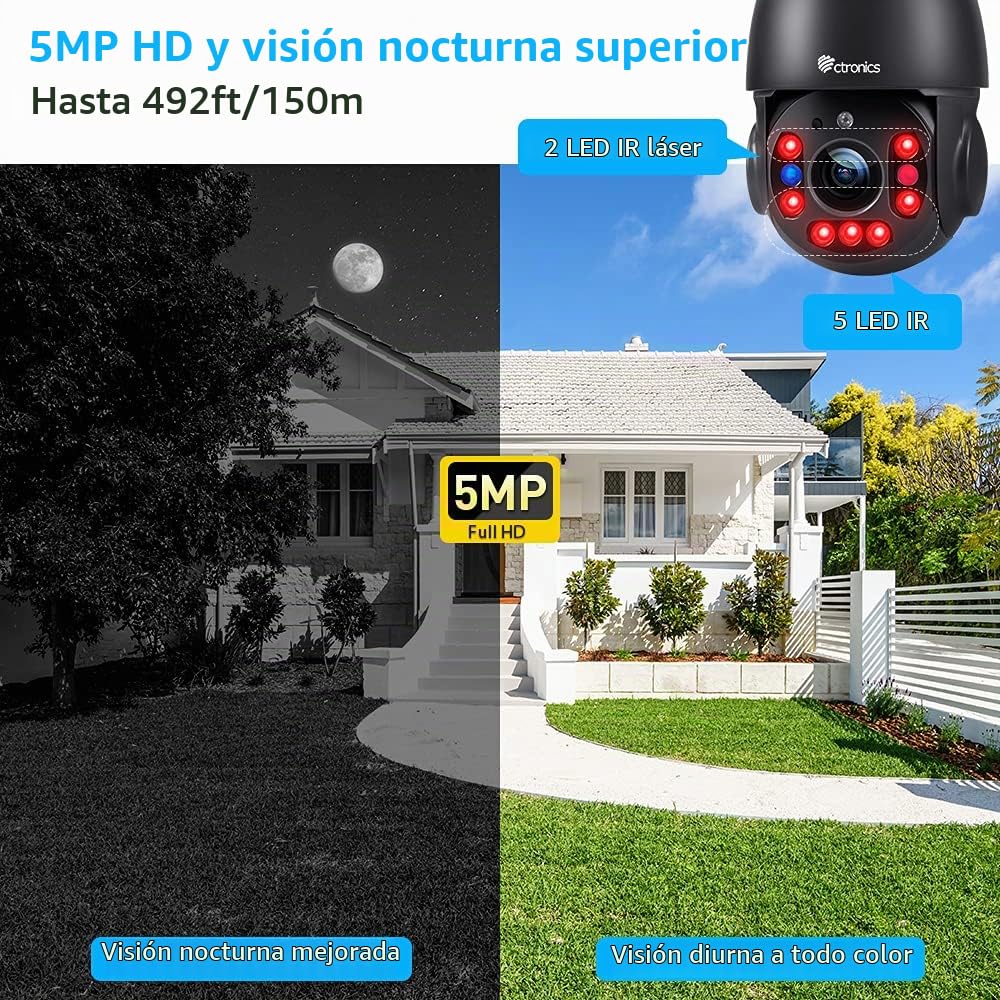 Ctronics [5MP 30X Zoom Óptico Camara Vigilancia WiFi Exterior 5/2.4Ghz, 360° PTZ IP Cámara Domicilio, 150M Visión Nocturna con Auto Crucero/Seguimiento/Zoom, Bluetooth/Cloud/PC, Metal, IP66
