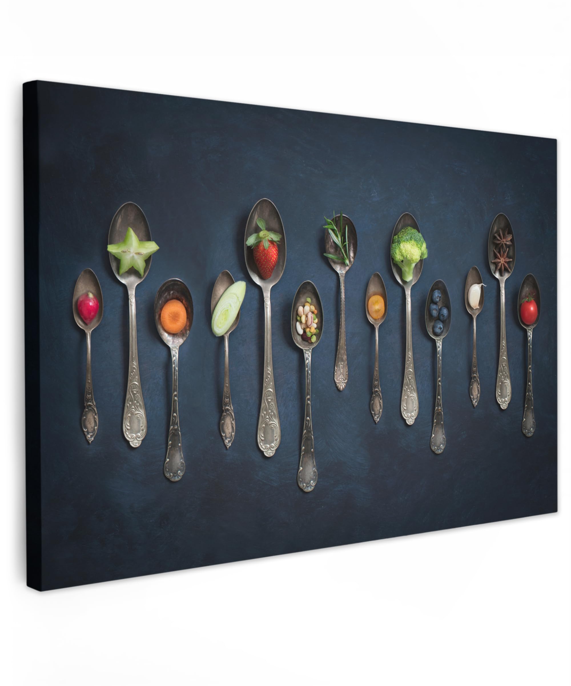MuchoWow© Leinwand Bilder 90x60 cm Wanddeko Wohnzimmer Aesthetic Room Decor Deko Zimmer Wandbilder Modern Bild auf Leinwand Bild Küche - Gewürze - Löffel - Silber - Gewürz - Industrial