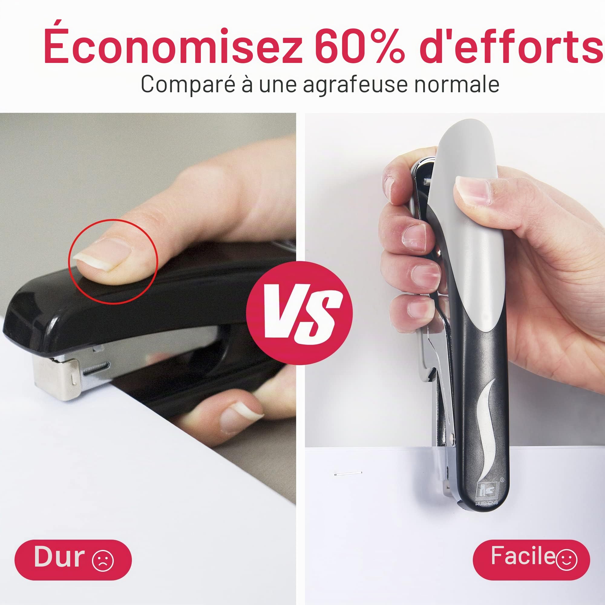 Agrafeuse robuste avec 1000 agrafes et dissolvant d'agrafes, capacité de 20 feuilles, agrafeuse de bureau pour agrafage à la maison, l'école, l'entrepôt, fabriquée à la main, sans bourrage