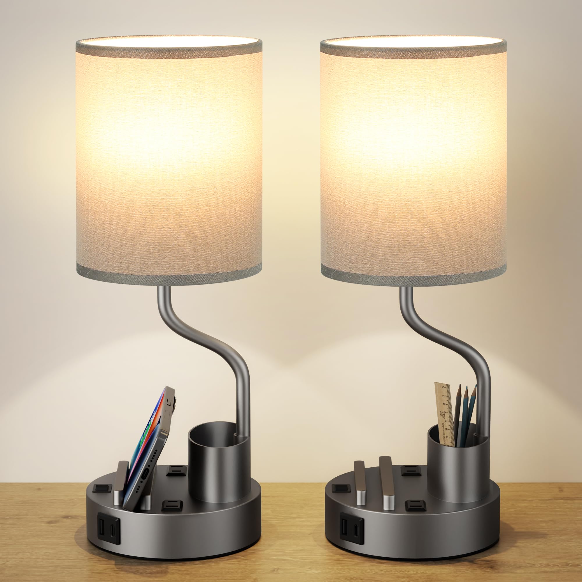 Nachttischlampen für Schlafzimmer, Nachttischleuchte mit AC-Steckdose und USB A und C zum Aufladen, Schreibtischlampe mit 3 Farbtemperaturen, Stifthalter und Handy-Ständer für Wohnzimmer/Schlafsaal