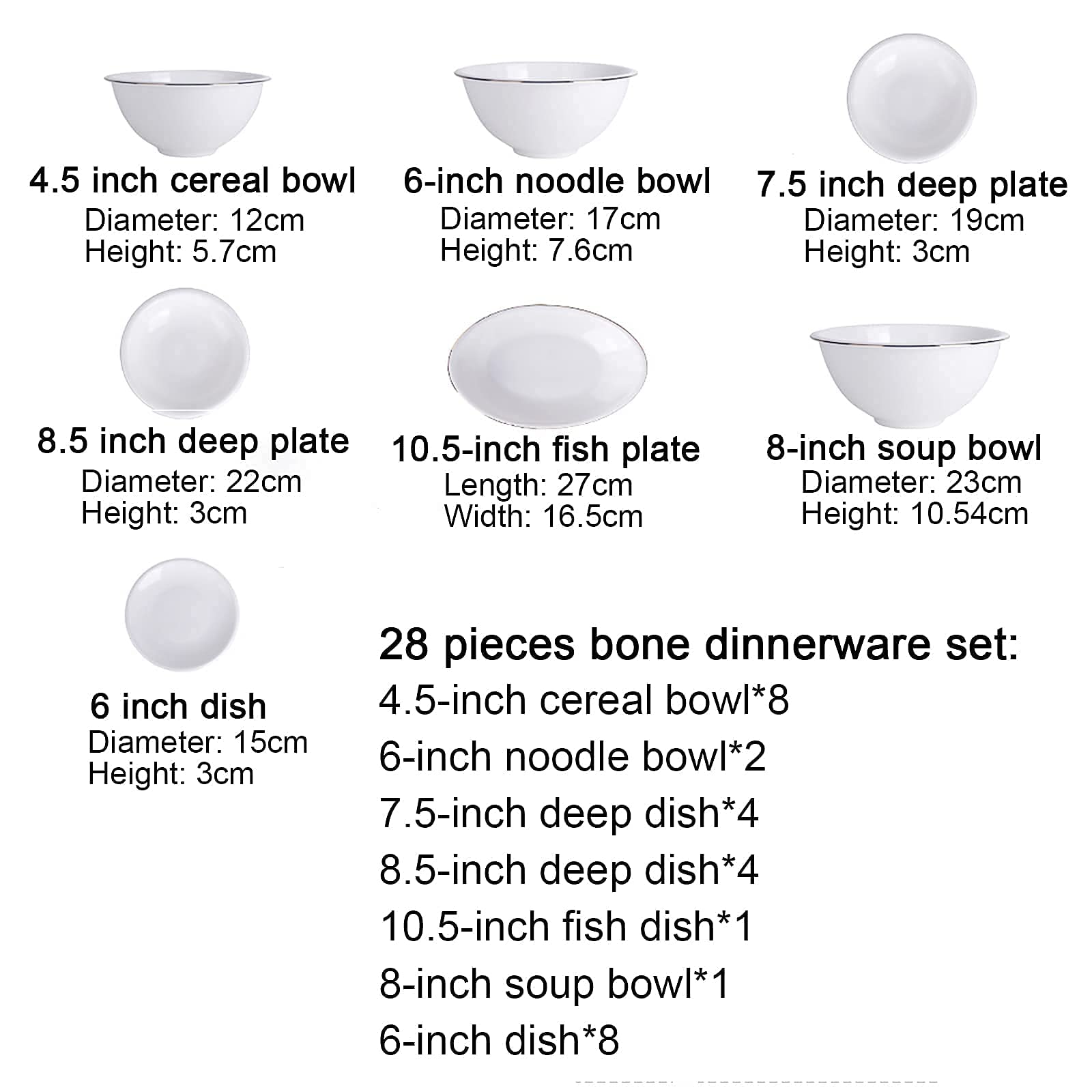 28-częściowy zestaw zastawy stołowej z porcelany kostnej – elegancka porcelanowa zastawa stołowa ze złotą krawędzią zawiera okrągłe miski na płatki i talerze obiadowe dla 8 osób, idealna do domu i