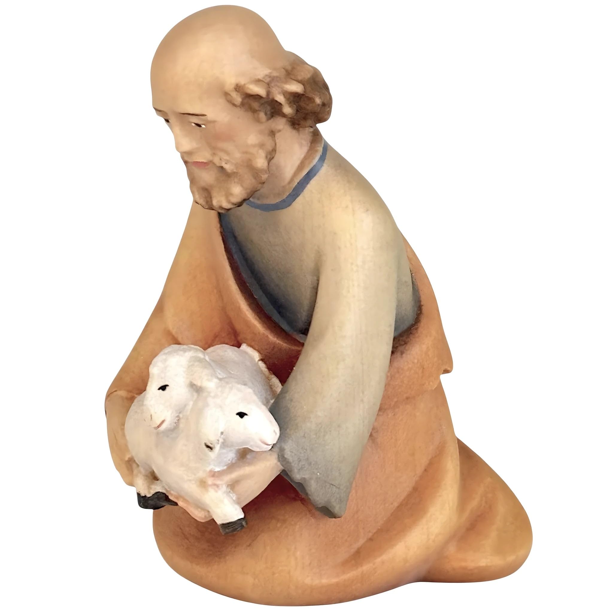 Carved Kneeling Shepherd with Sheep - Colored Maple Wood by Dolfi