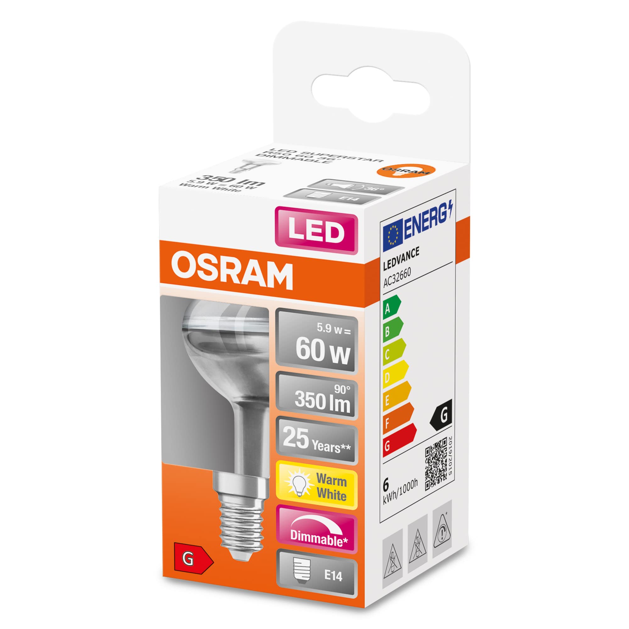 OSRAM LED Superstar R50, base E14, regulable, blanco cálido, 2700 K, 5,90 W, reemplazo para lámpara reflectora de 60 W, LED SUPERSTAR R50, paquete de 6