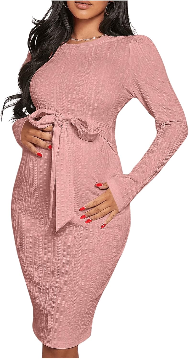 OYOANGLE Women's Maternity Textured Bow Belted Dress Ribbed Knit Long Sleeve Bodycon Pregnancy Midi Dresses