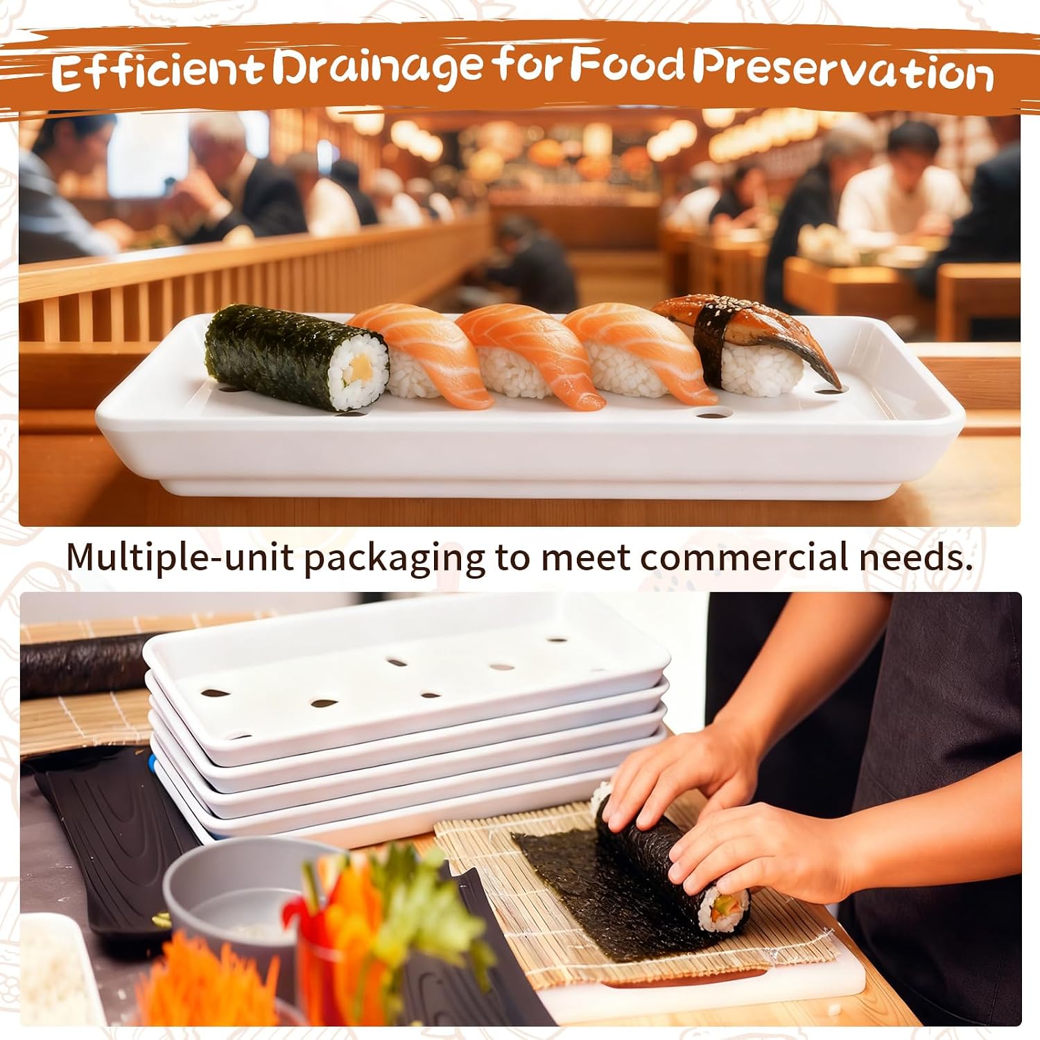 6 Pack Sushi Plates with Drip Holes Melamine Drain Sashimi Plate 8" x 3.75" Japanese Cuisine Chef Display Serving Tray for Sushi Case Raw Food Preparation Storage Restaurant Supply (White)