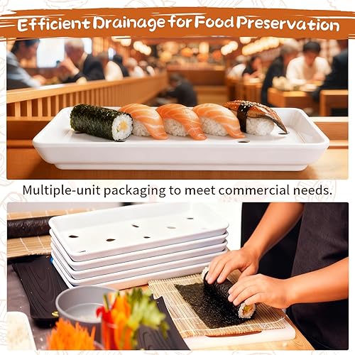 Miniatura 6 de Acellegic Paquete de 6 platos de sushi de melamina blanca bandeja para servir sashimi con agujero de goteo de 8 x 3.75 pulgadas, cocina japonesa,